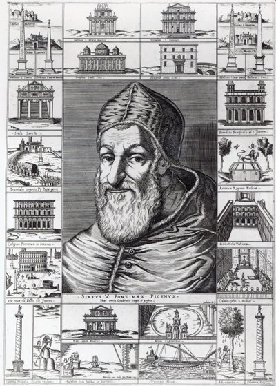 Pope Sixtus V, surrounded by the churches, buildings and monuments built or restored during his pontificate, engraved by Ambrosius by Italian School